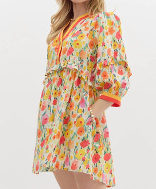 Entro - Floral Breeze Mini Dress with Ruffle Accents & Banded V-Neck Detail