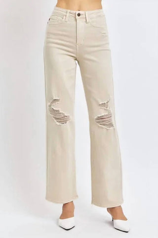 Judy Blue - Full Size High Waist Distressed Wide Leg Jeans
