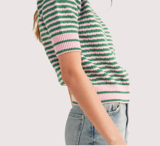 &Merci - Striped Pointelle Puff Sleeve Sweater