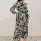 Smocked Printed Tie Neck Long Sleeve Dress