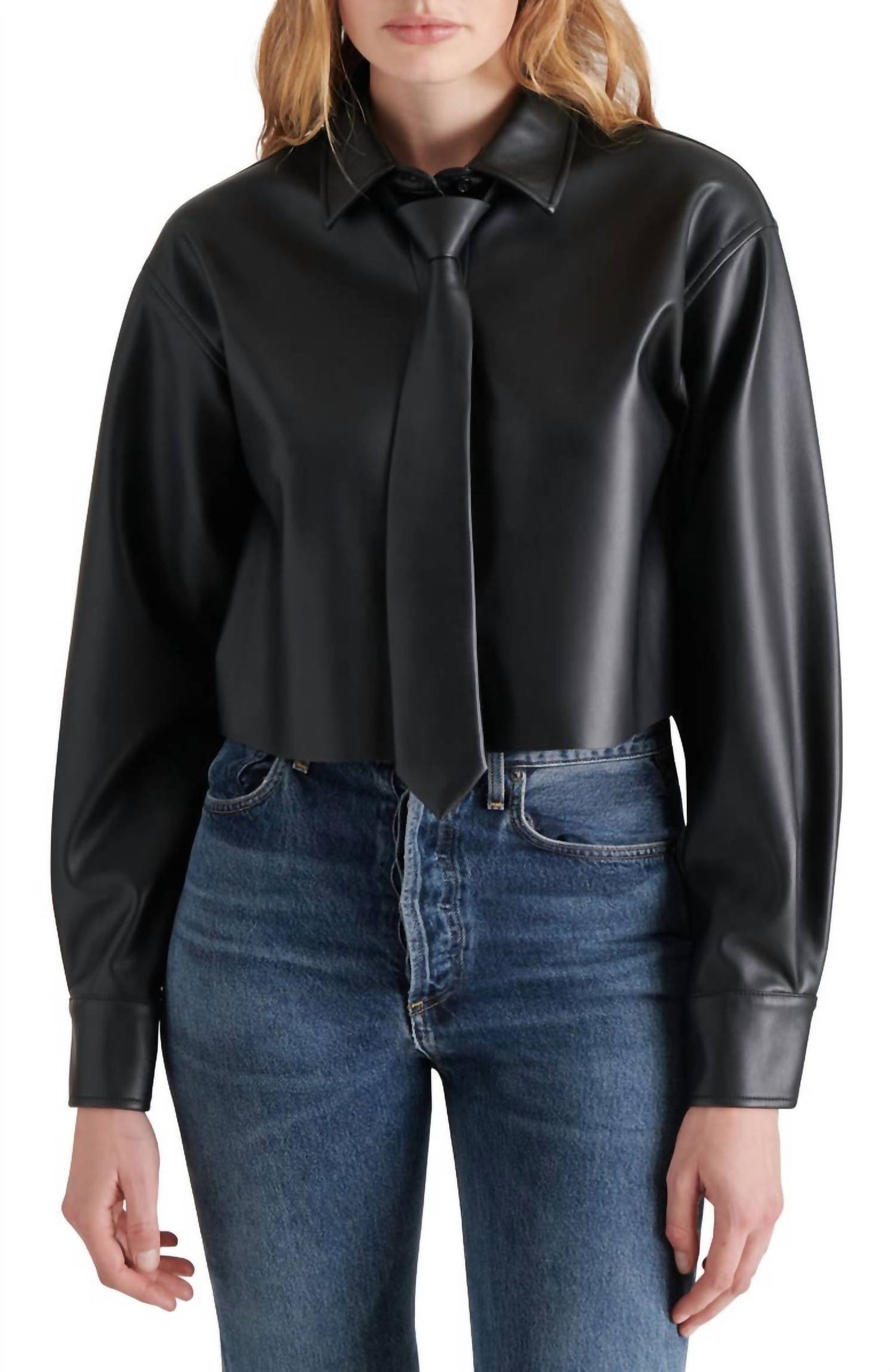 Steve Madden - Dom Necktie Faux Leather Crop Snap-up Shirt