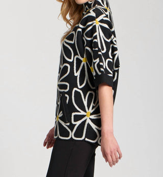 Apny - Whimsical Floral Sweater With Contrast Cuffs And Pockets