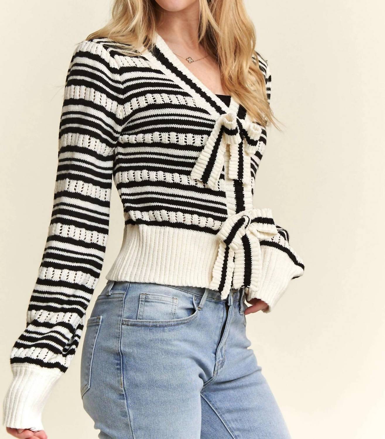 Trendsi - Adora Bow Tie Stripe Sweater Top