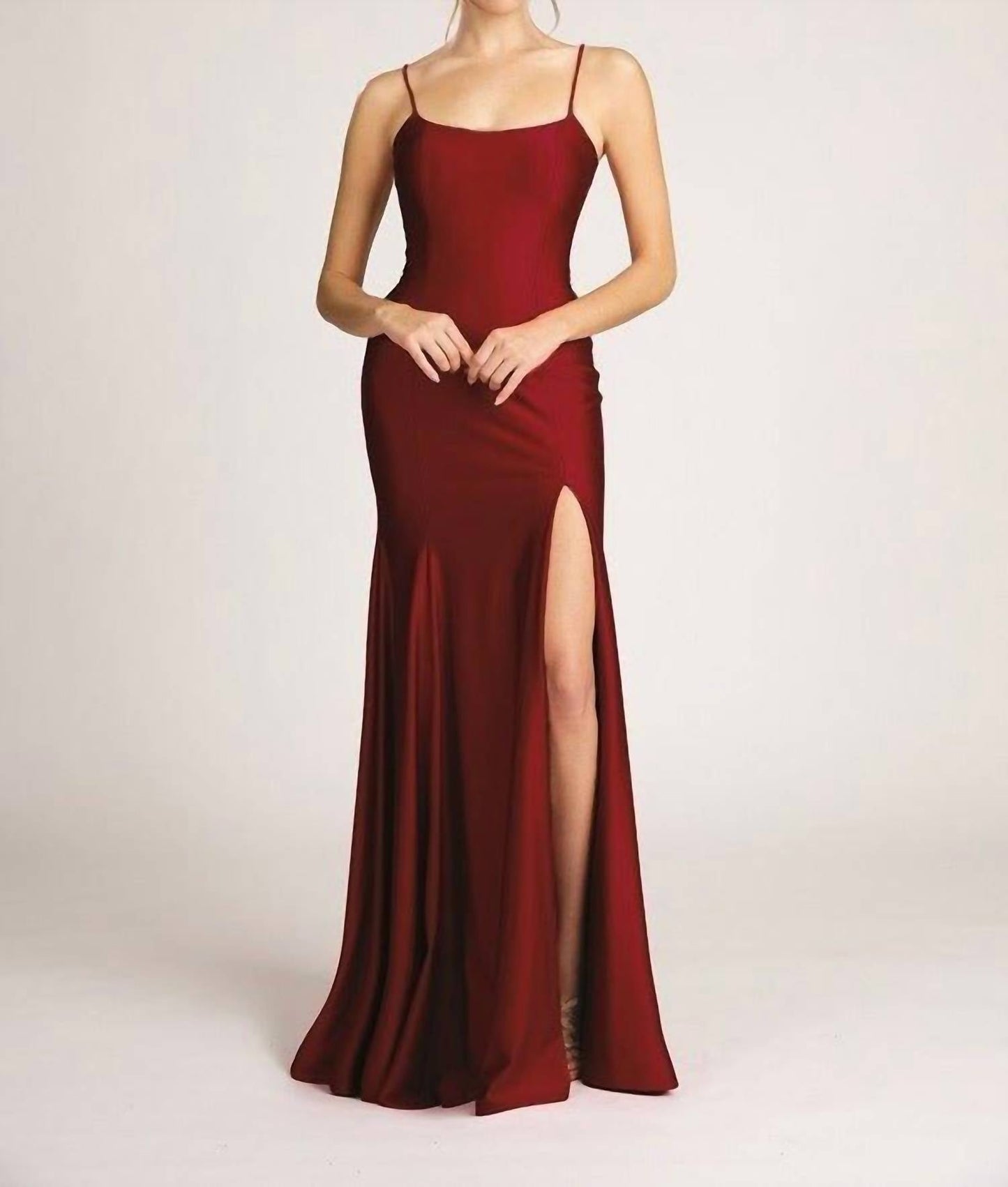 Fiesta Fashion - Satin Open Back High Slit Leg Evening Gown Maxi Dress