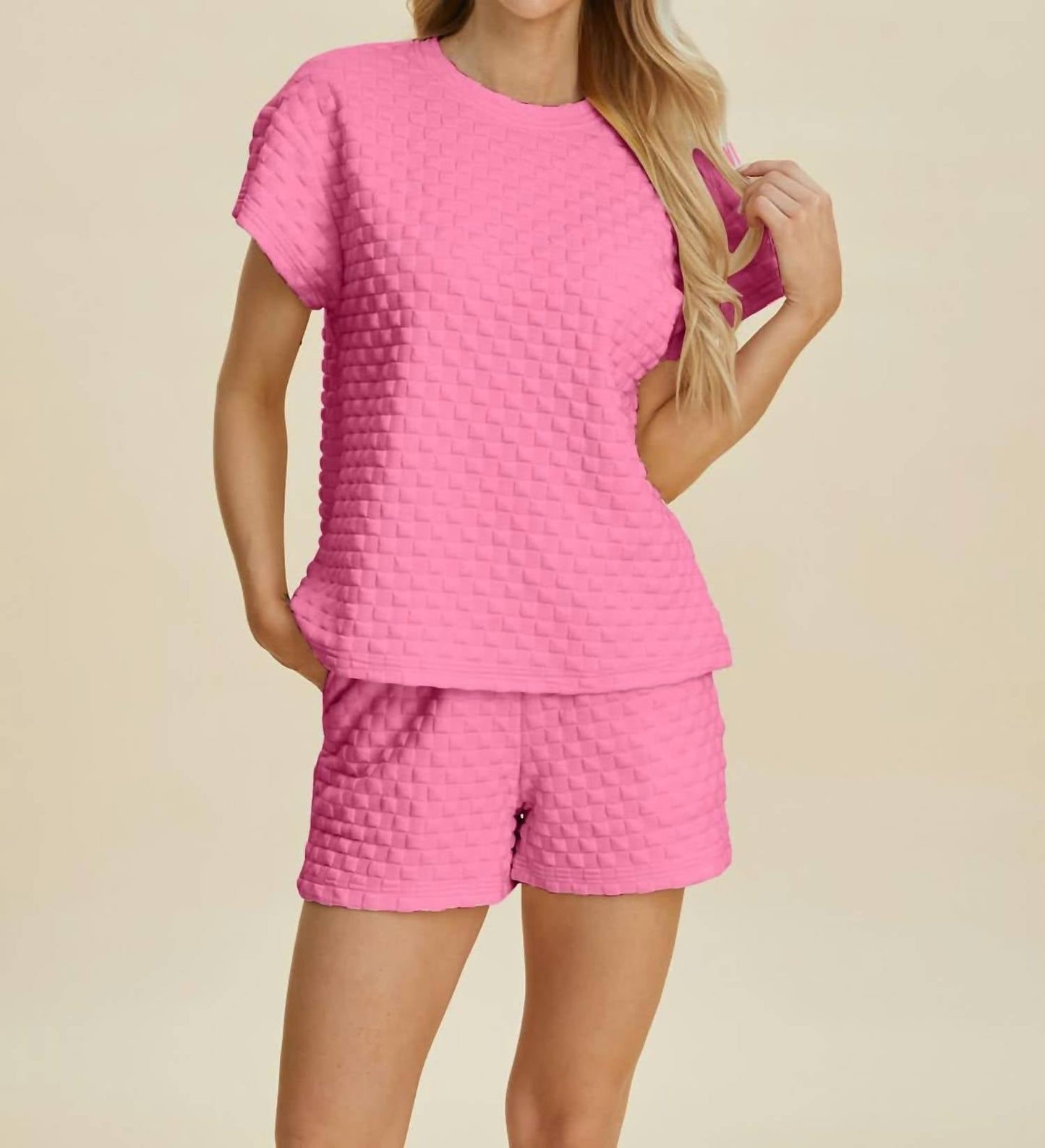 Double Take - Sleek Texture T-Shirt and Shorts Set