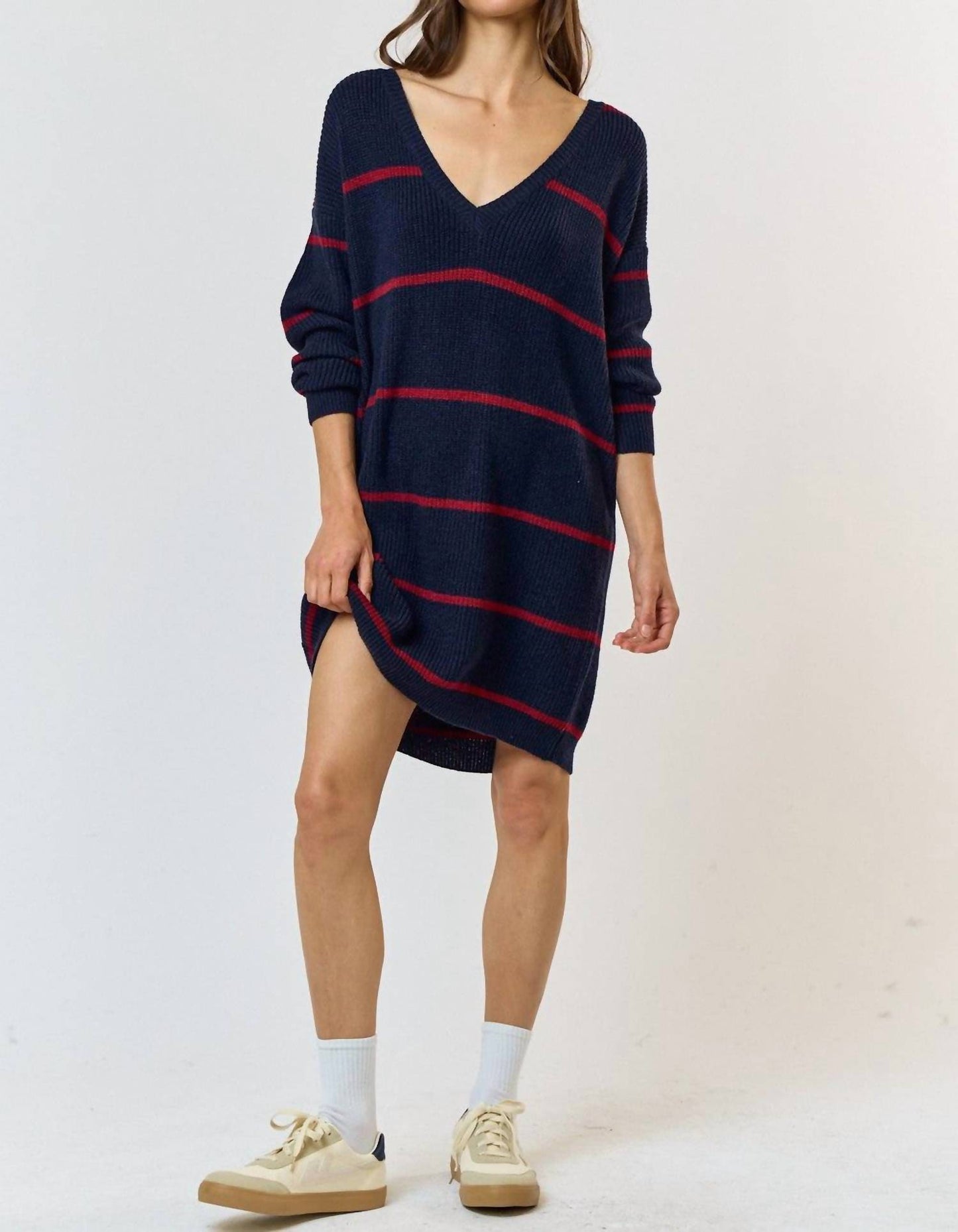 Lalavon - Stripe V-neck Sweater Mini Dress