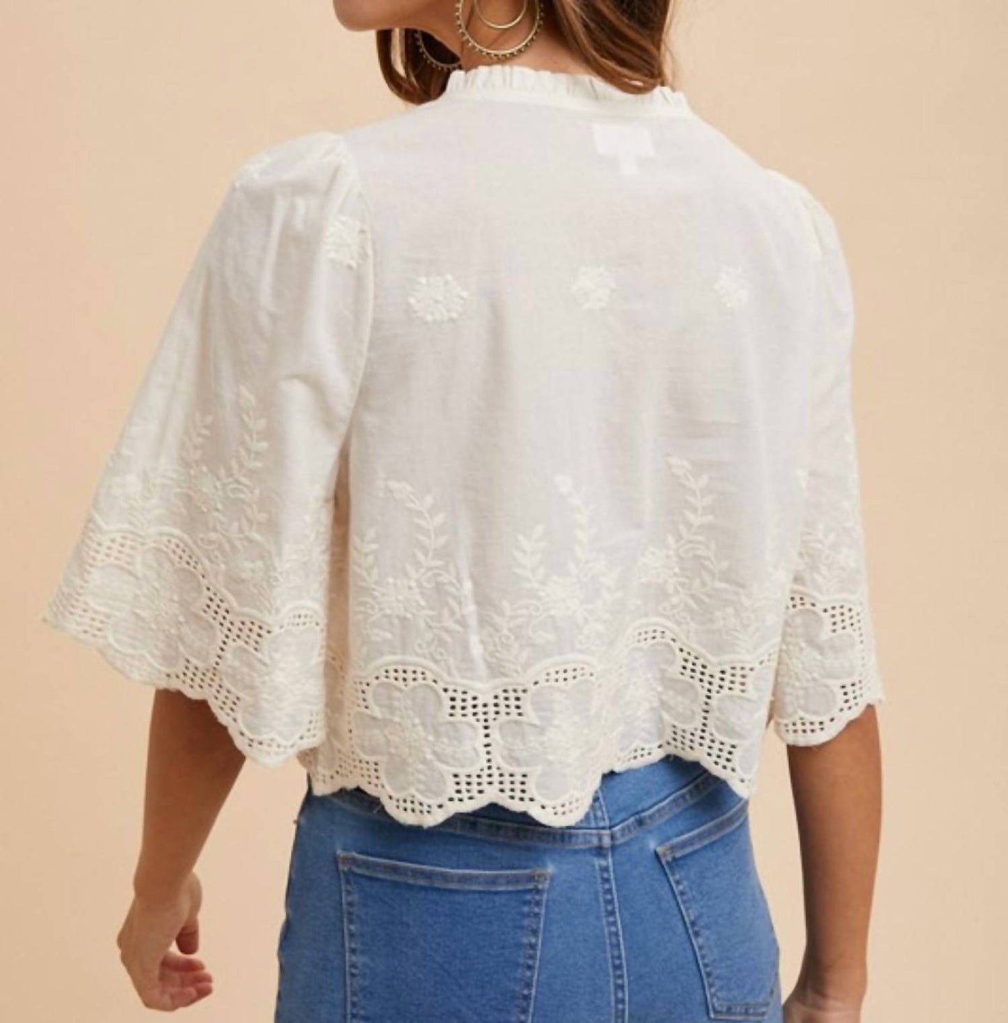 Anniewear - Tie Front Embroidered Blouse