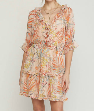 Entro - Print Dress With Ruffle Detail And Smocked Waist