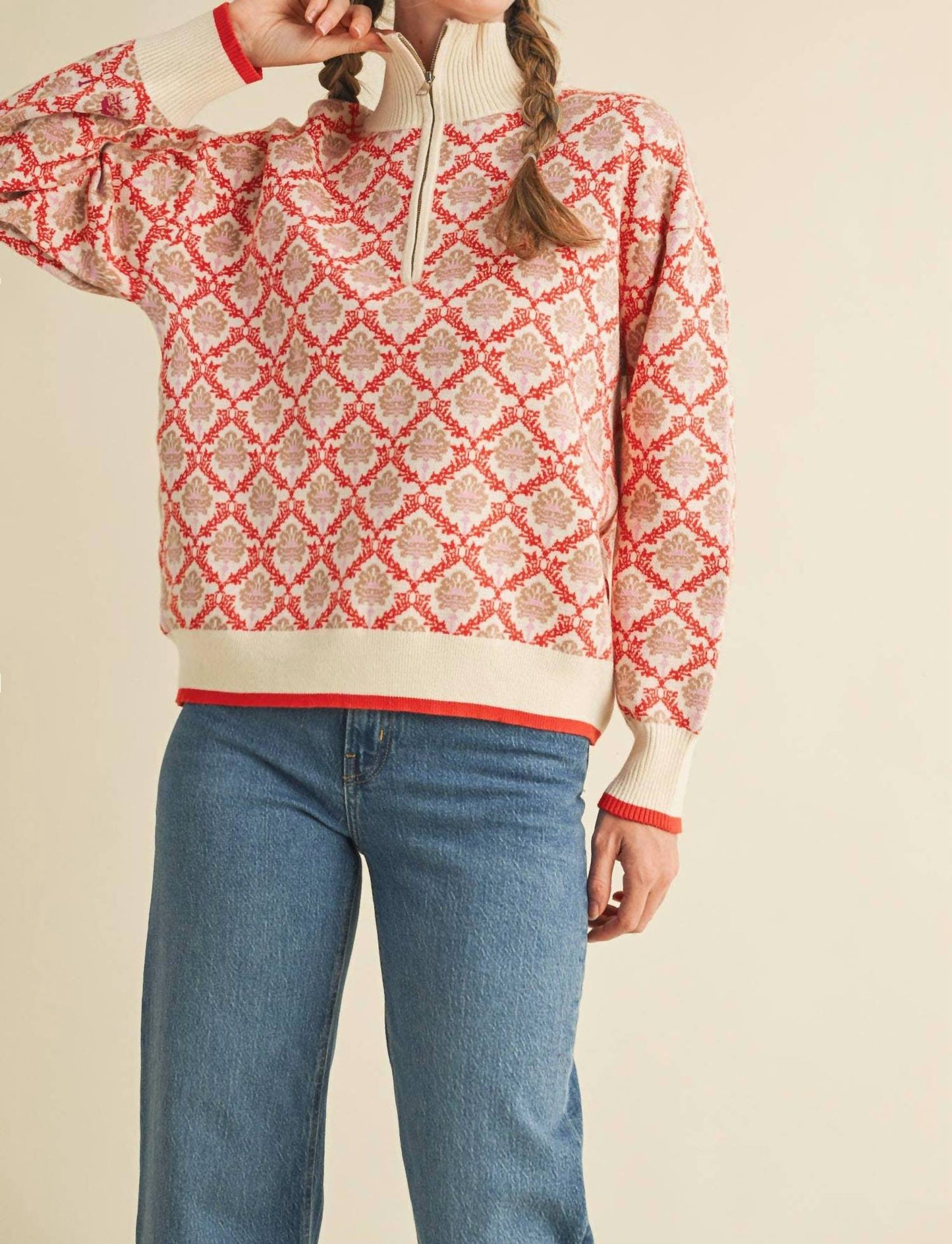 &Merci - Floral Mock Neck Half Zip Pullover