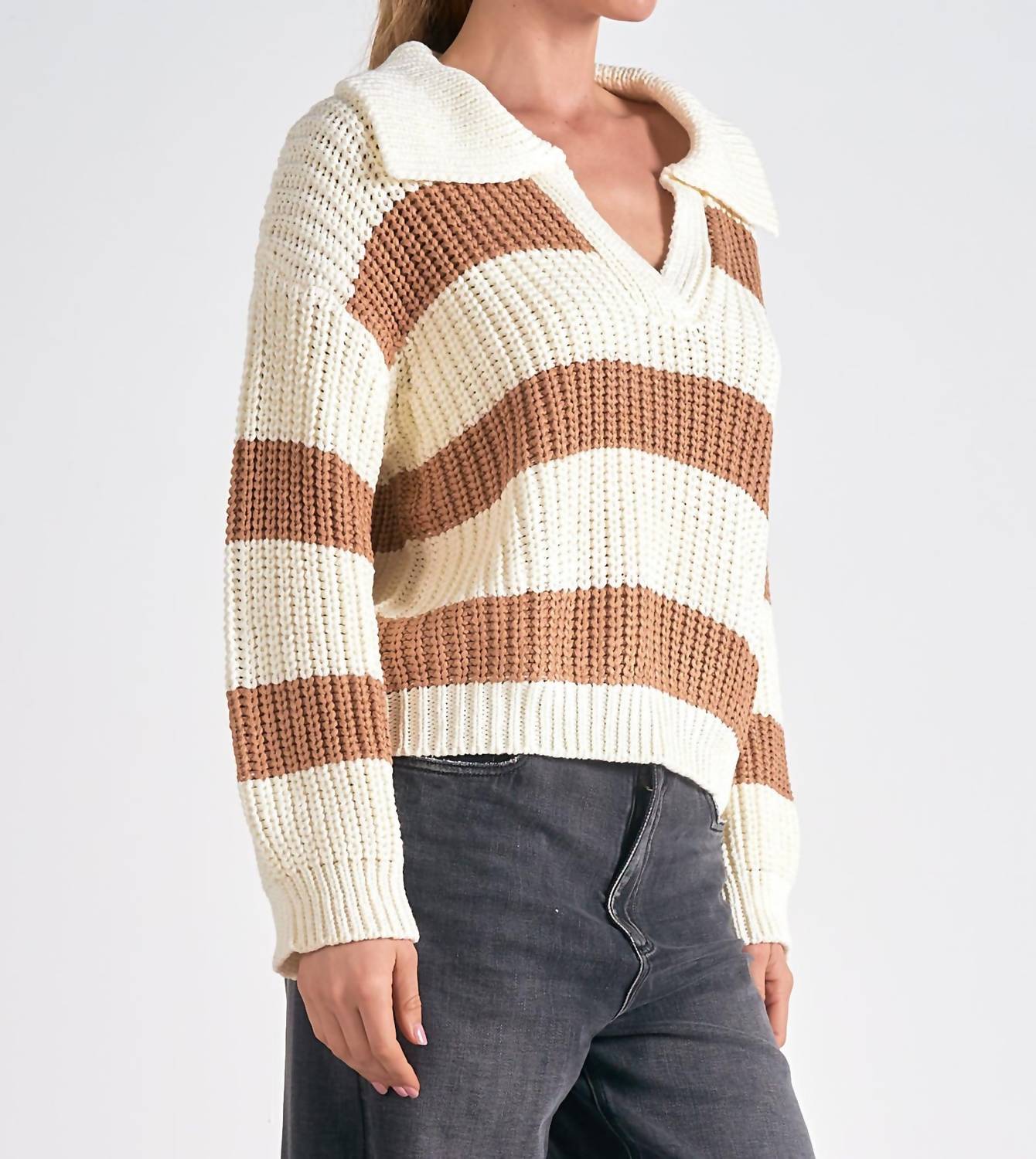 Elan - Striped V-neck Collared Sweater