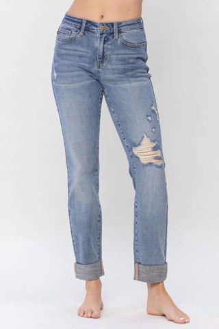 Judy Blue - Destroyed Knee & Cuffed Boyfriend Jeans