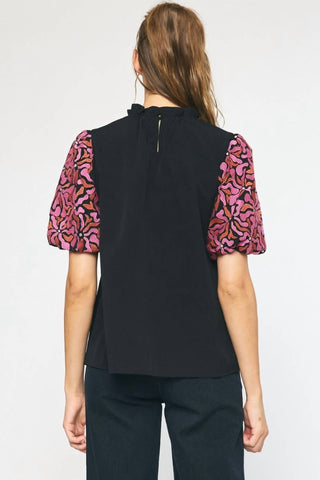 Entro - Embroidered Puff Sleeve Top