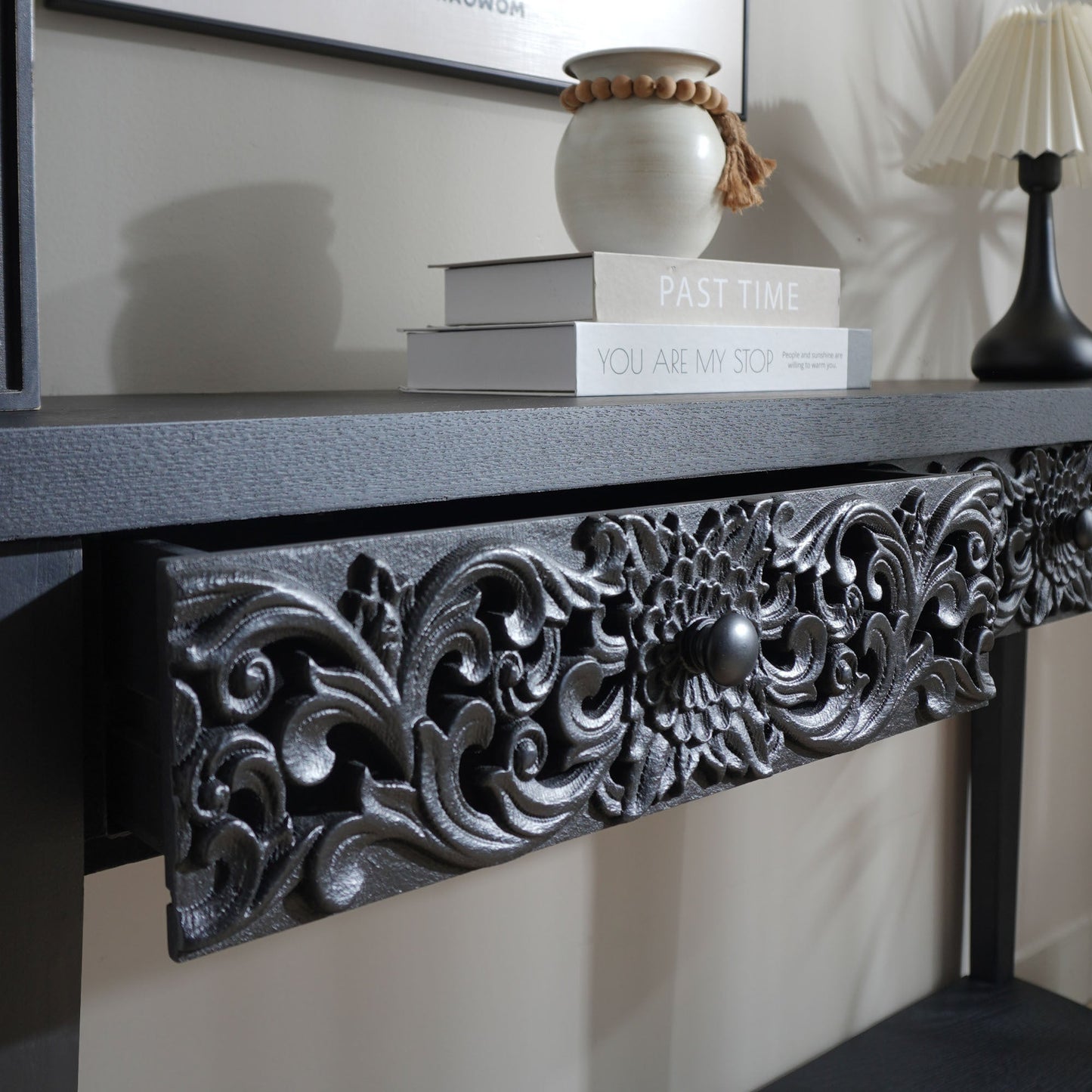 59.2in Black Carved Wooden Console Table with Lower Storage Shelf and Drawers