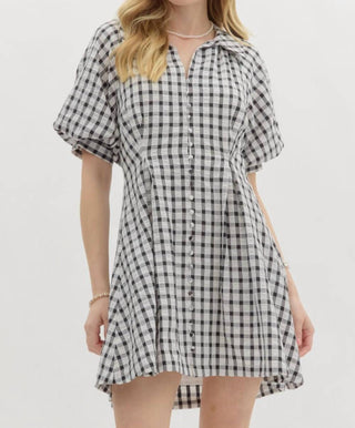 Entro - Gingham Pleated Bubble Sleeve Mini Dress