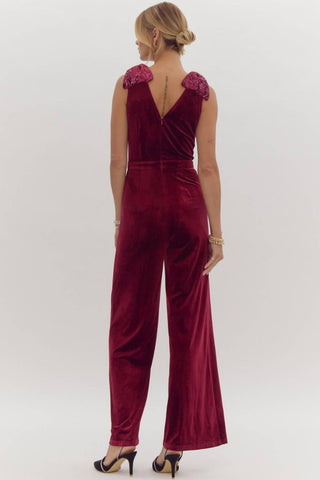 Entro - Velvet Sequin Bow Shoulder Jumpsuit