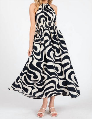 Calista - Navy Print Smocked Waist Halter Neck Back Tie Maxi Dress