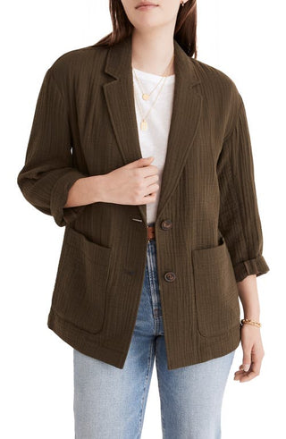 Madewell Crinkled Linen Blend Blazer in Dried Olive at Nordstrom, Size Large