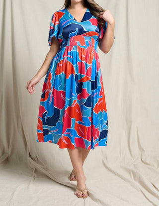 Doe And Rae - Floral V-neck Flutter Short Sleeve Smocked Waist Dress