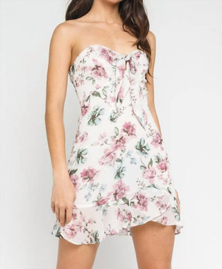Olivaceous - Restless Beauty Floral Print Strapless Tie-front Mini Dress