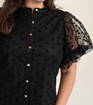 The Curve La - Plus Size Dot Mesh Knit Shirt With Puff Sleeve