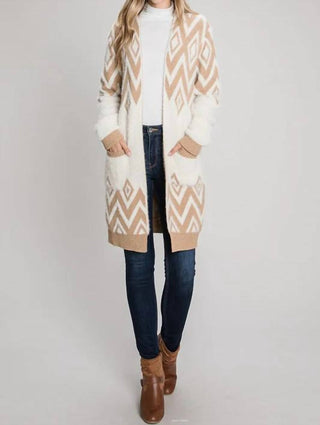 Allie Rose - Cozy Eyelash Chevron Open Cardigan With Pockets
