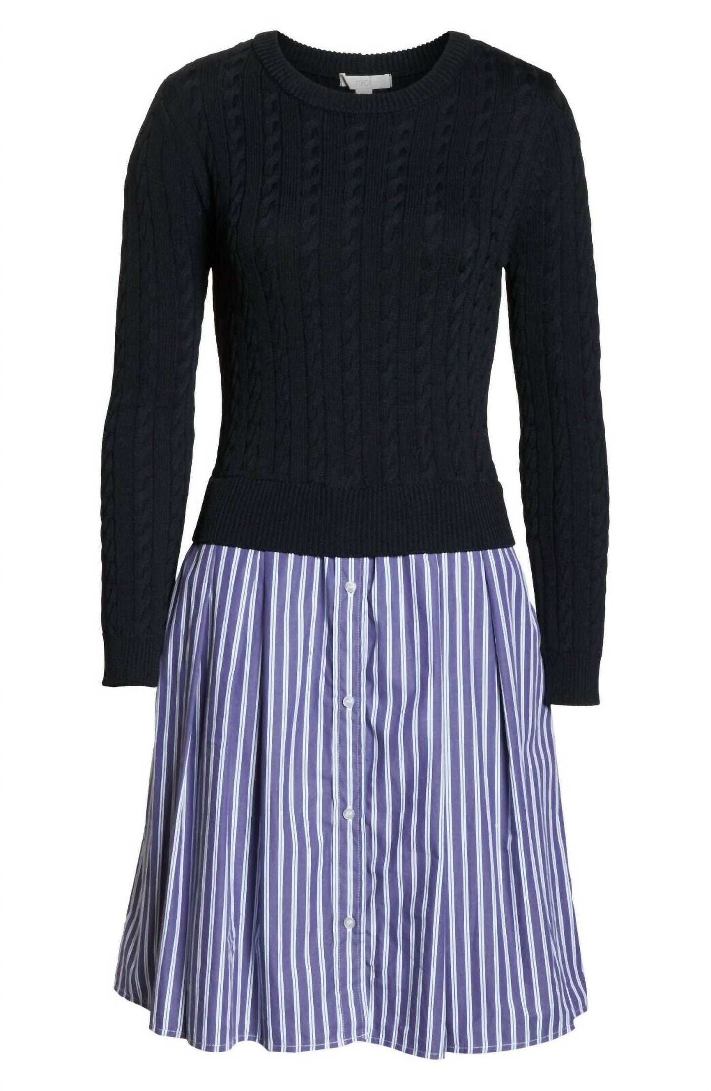 1901 - Poplin Cable Knit Sweater Top Striped Button Down Dress