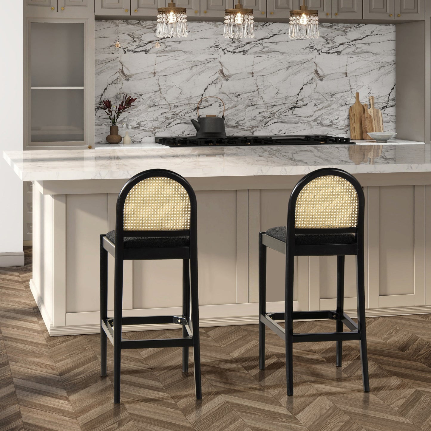 Arlin Upholstered Stool with Curved Back and Footrest - Set of 2