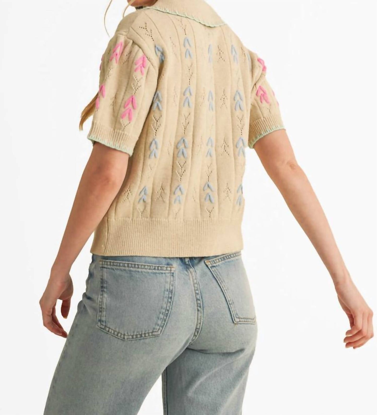 &Merci - Hand Embroidered Short Sleeve Button Down Sweater