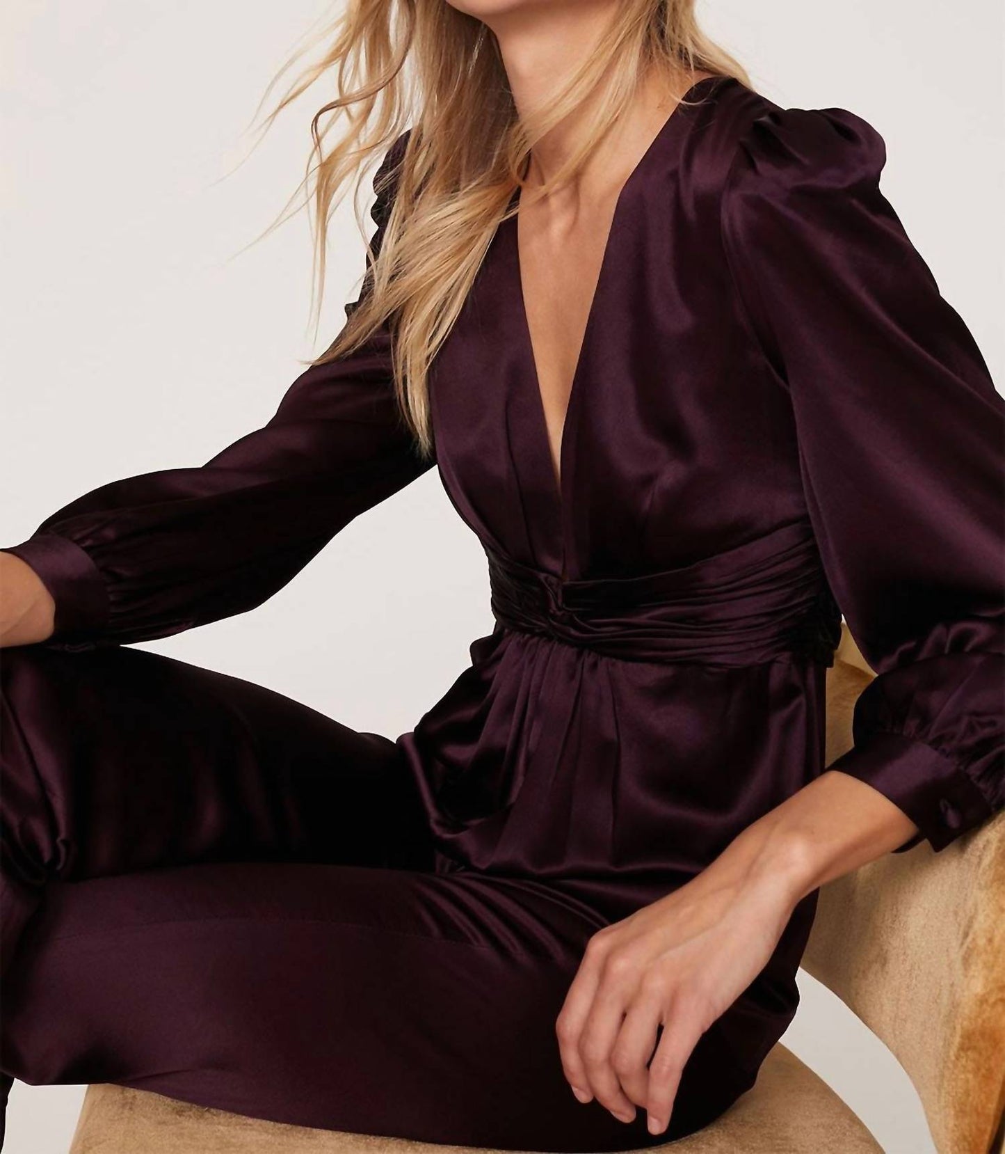 Mac Duggal - Front Twist Puff Sleeve Deep V Neck Jumpsuit