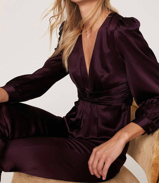 Mac Duggal - Front Twist Puff Sleeve Deep V Neck Jumpsuit