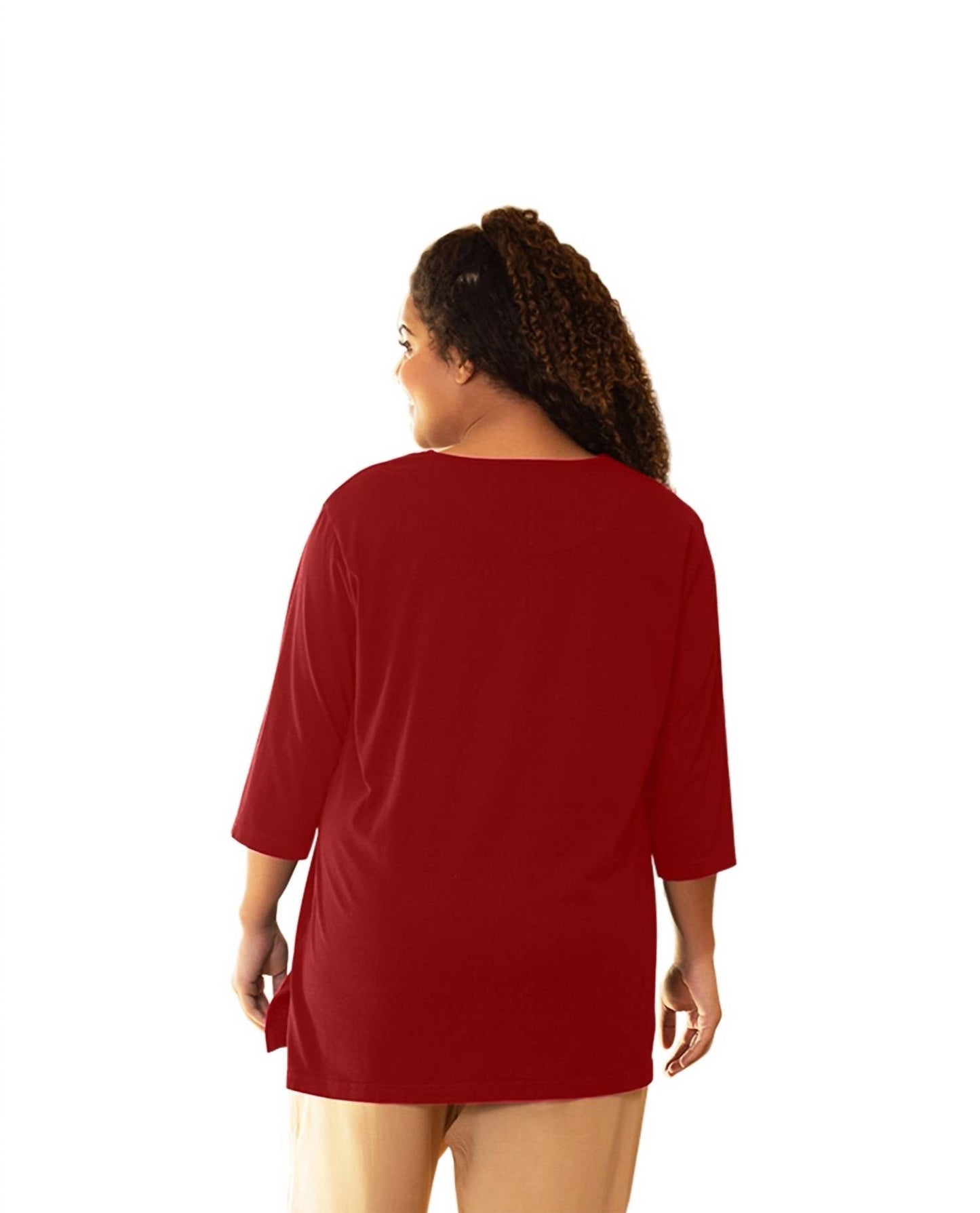 On The Plus Side - Cotton U-Neck 3/4 Sleeve Tee - Plus