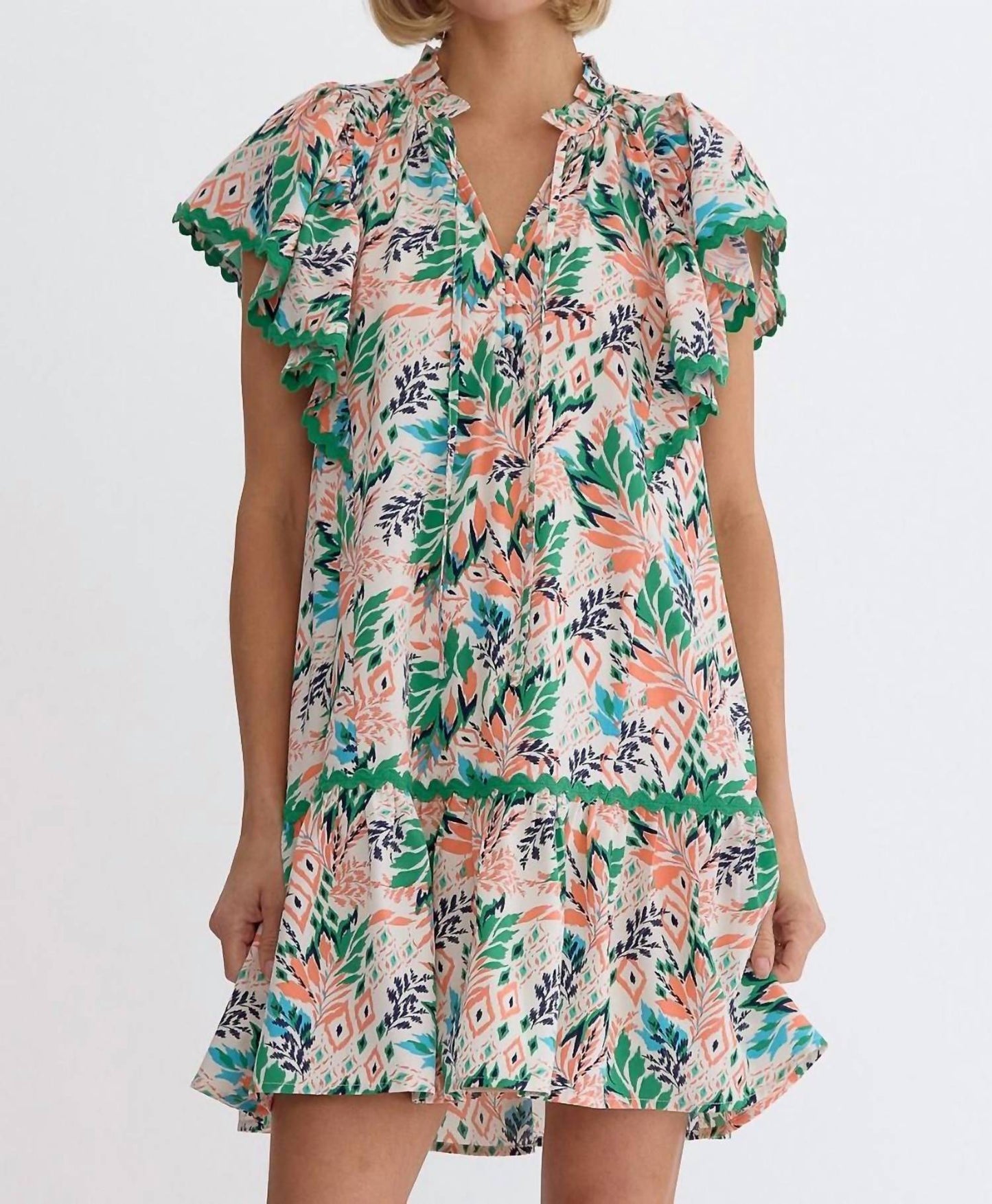 Entro - Leaf Print V-Neck Mini Dress