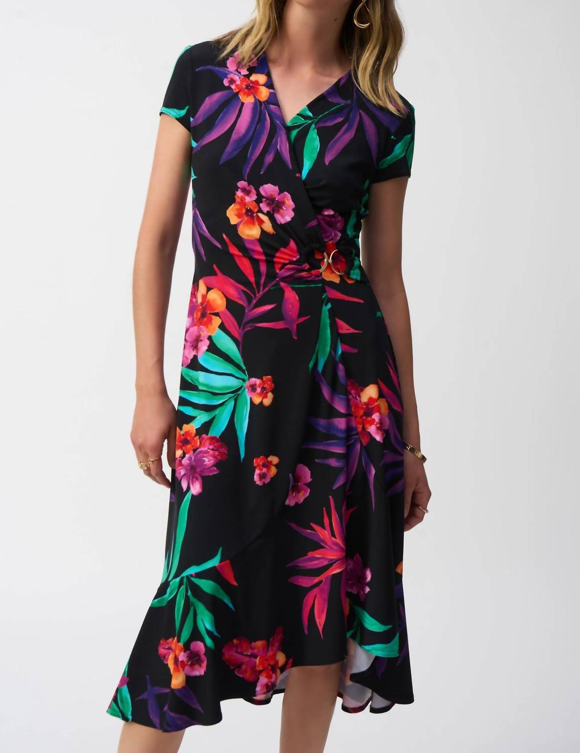 Joseph Ribkoff - Tropical Print Faux Wrap Midi Dress