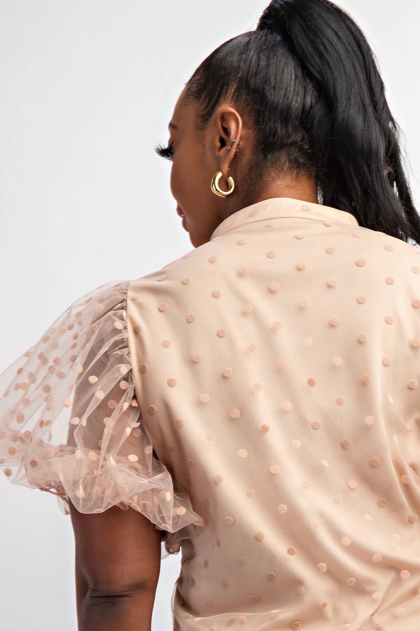 The Curve La - Plus Size Dot Mesh Knit Shirt With Puff Sleeve