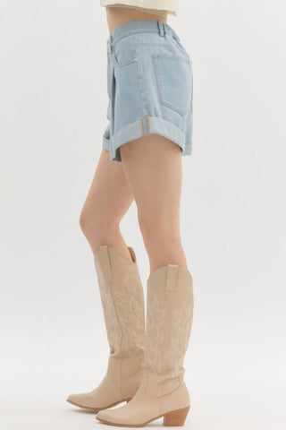 Entro - Women's Pleated Hi Waisted Denim Shorts