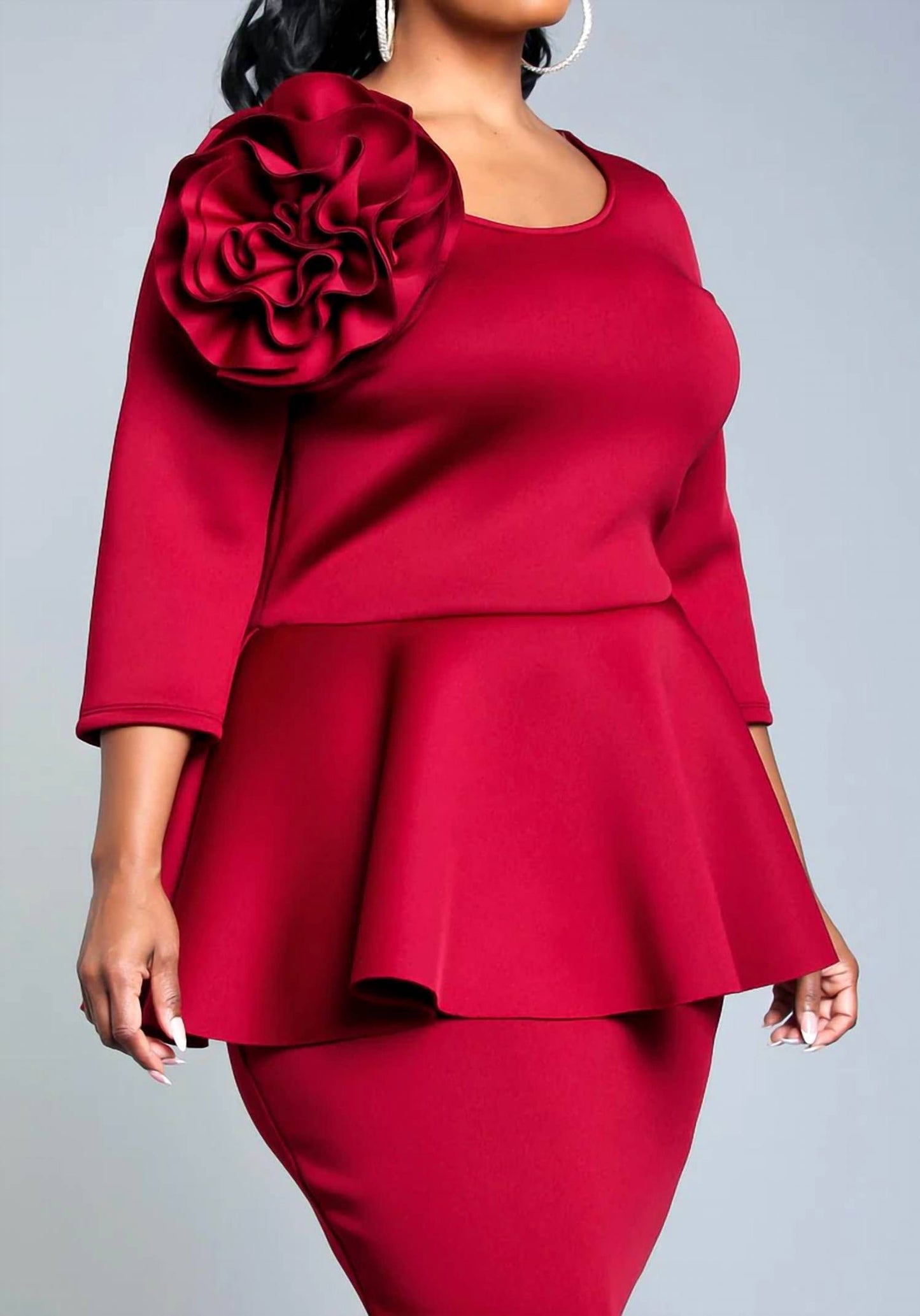 Viva Curvy - Handmade Blossomed Floral Accent Peplum Dress