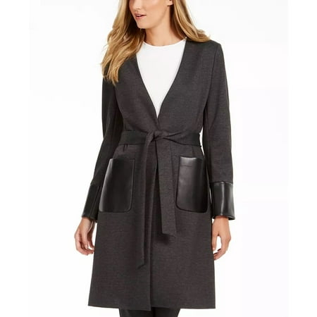 Calvin Klein Women s Faux-Leather-Trim Belted Cardigan Black Size 4