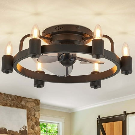 Modern Farmhouse Ceiling Fan LED Low Profile Flush Mount Light with Remote  Black