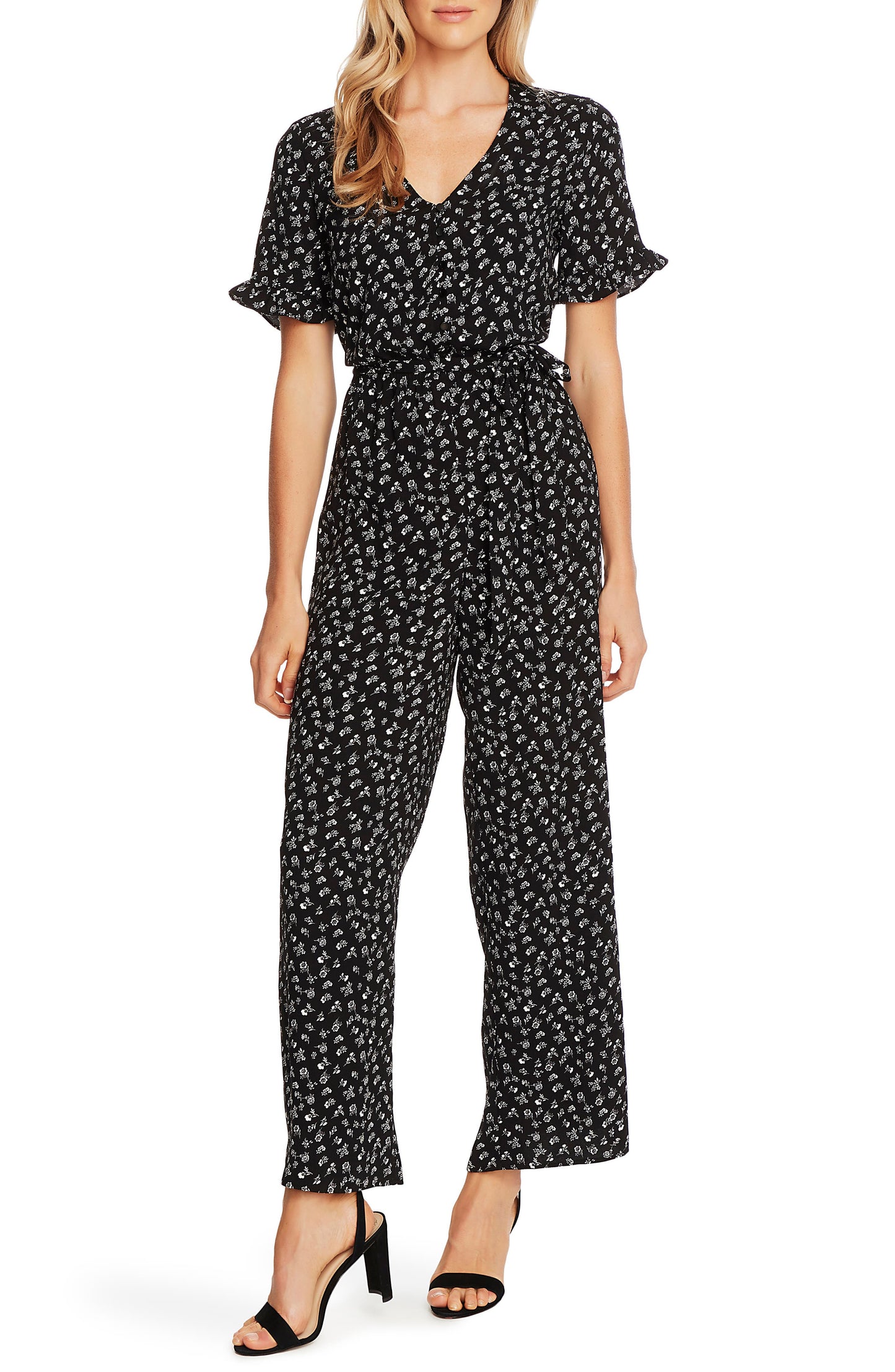 CeCe Sportswear Women's Short Sleeve V-Neck Ditsy Etching Belted Jumpsuit, Rich Black, 14