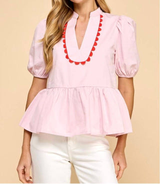 Tcec - Scalloped Split V-neck Puff Sleeve Top