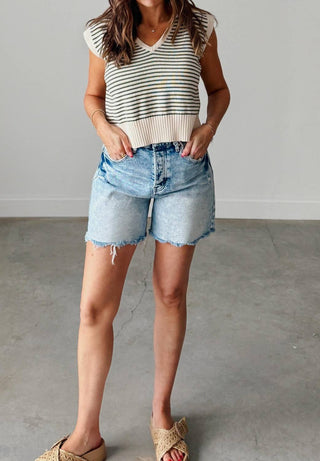Bayeas - Bella High Rise Button Fly Distressed Denim Shorts