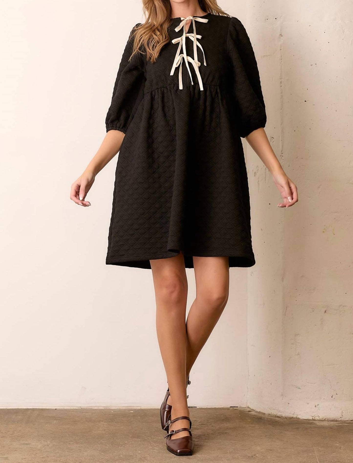 Baevely By Wellmade - Piper Quilted Knit Dress With Front Tie