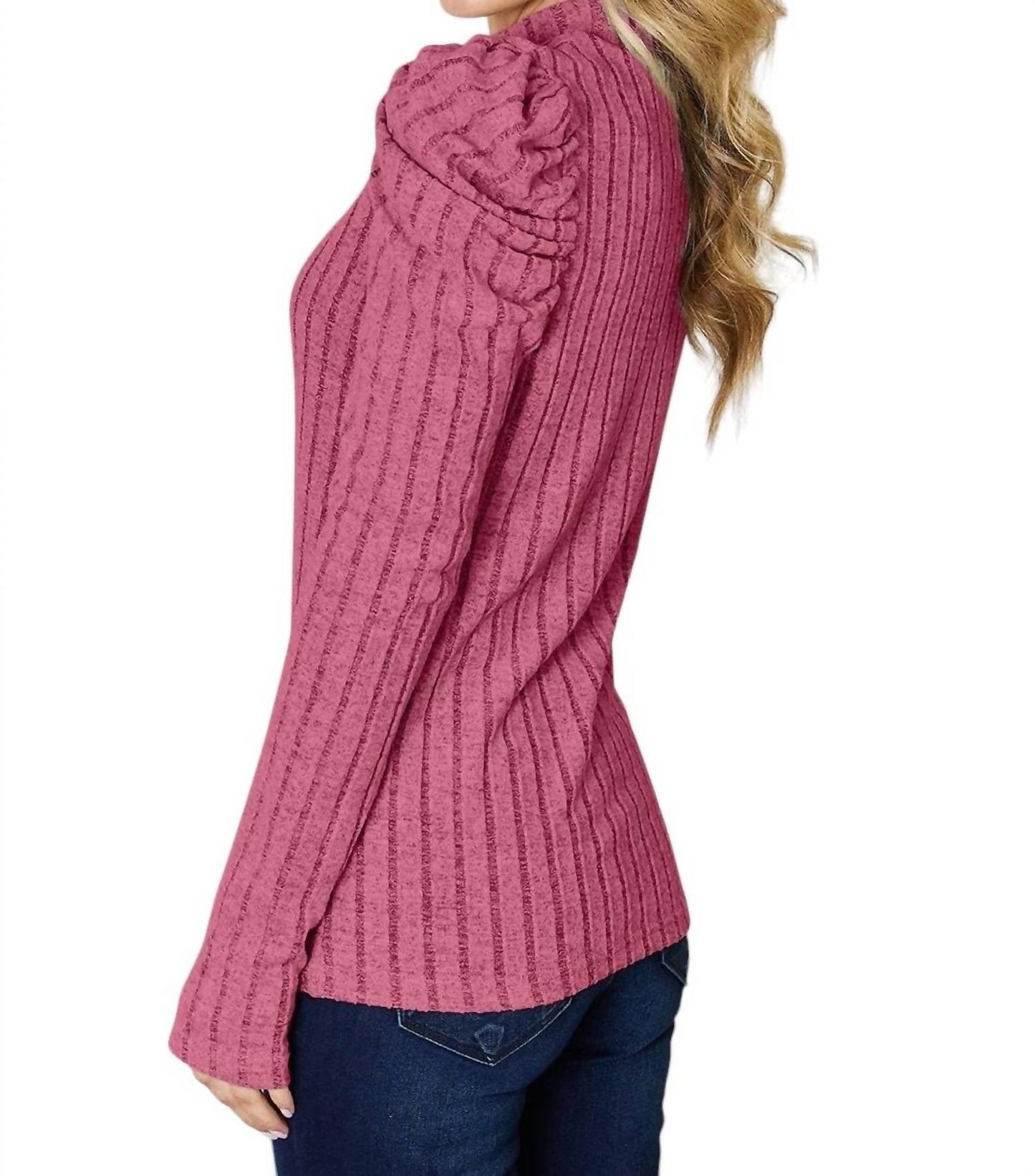Basic Bae - Ribbed Mock Neck Top With Puff Sleeves
