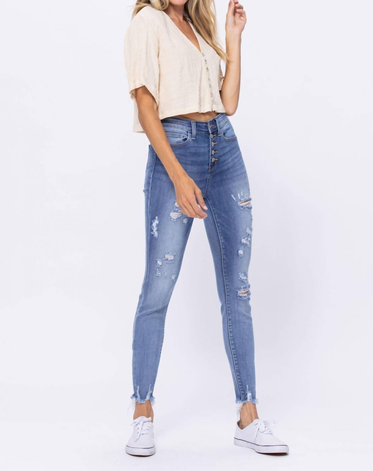 Judy Blue - High Waist Destroyed Button Fly Skinny Jeans