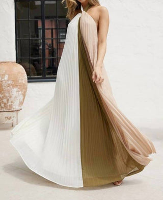 Eb Luxe - Halter Color Block Pleated Maxi Dress
