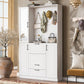 Entryway Bench With Integrated Shoe Cabinet and Mirrored Door