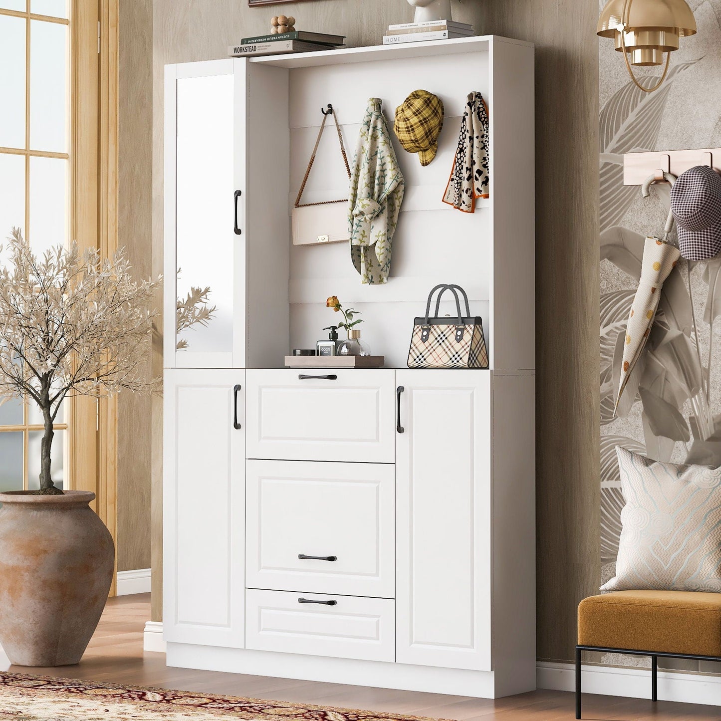 Entryway Bench With Integrated Shoe Cabinet and Mirrored Door