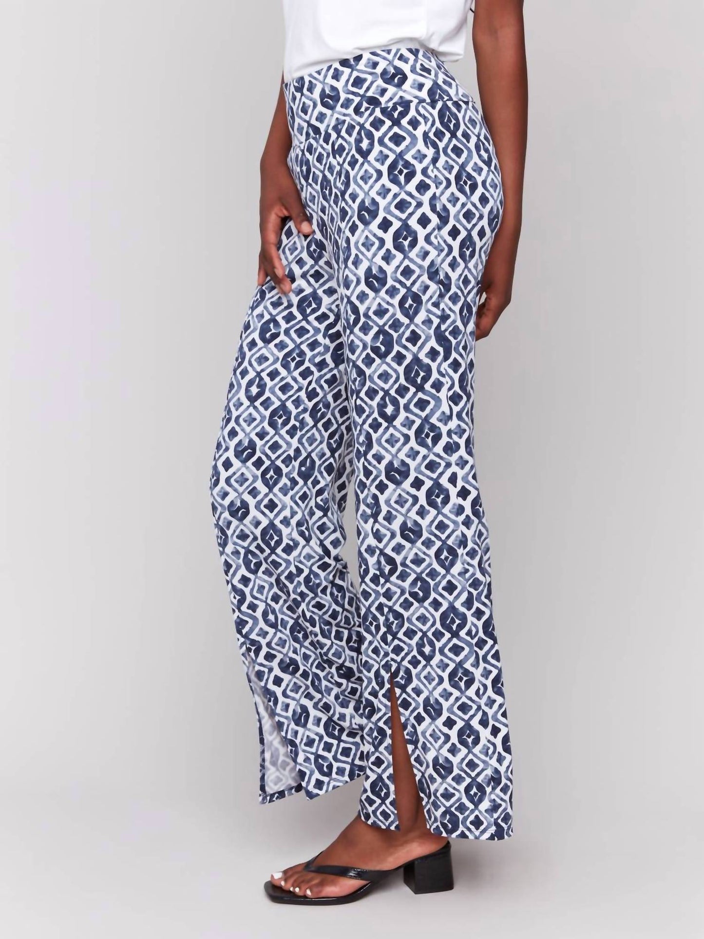 Charlie B - Front Slits Printed Wide Leg Pants