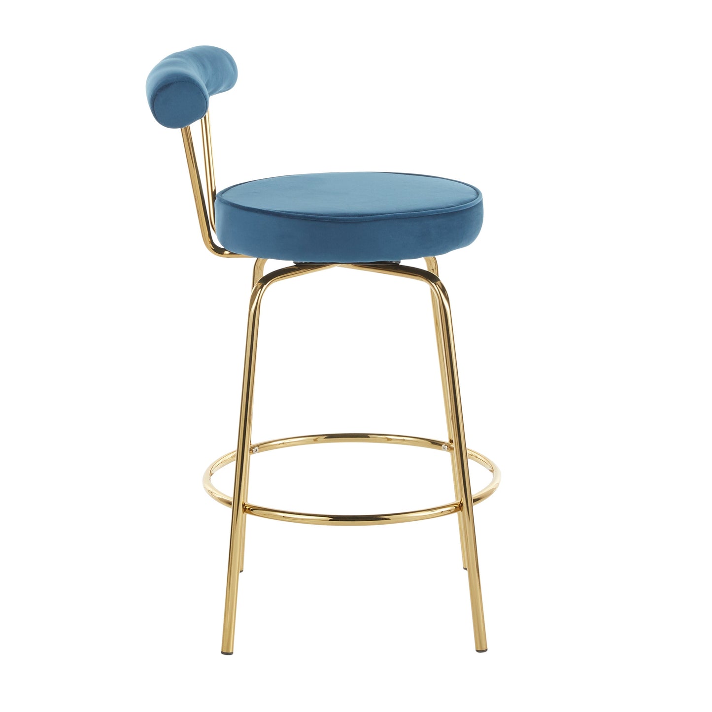 Rhonda Glam Counter Stool in Gold Metal and Blue Velvet - Set of 2
