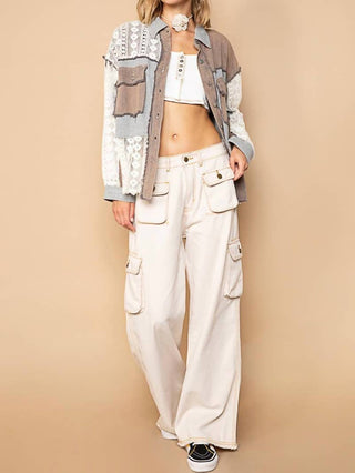 Pol - Oversized Contrast Lace Crochet Collared Button Down Shirt